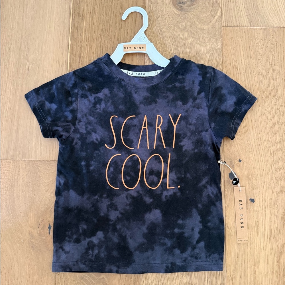 Rae Dunn Halloween Black Tie-Dye Tee with Orange "Scary Cool" Graphic